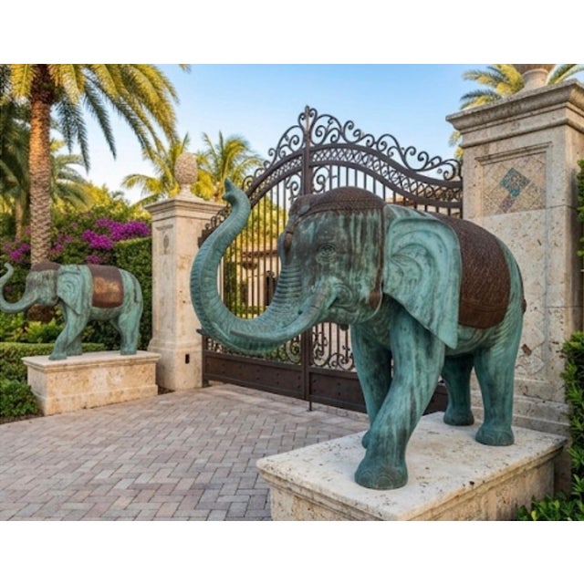 A Pair of Vintage Verdigris Bronze Patinated Elephant Garden Statuary For Sale - Image 10 of 12