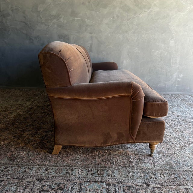 Modern English Sofa in Chestnut Brown in Faux Velvet Mohair With Down Cushion For Sale - Image 4 of 8