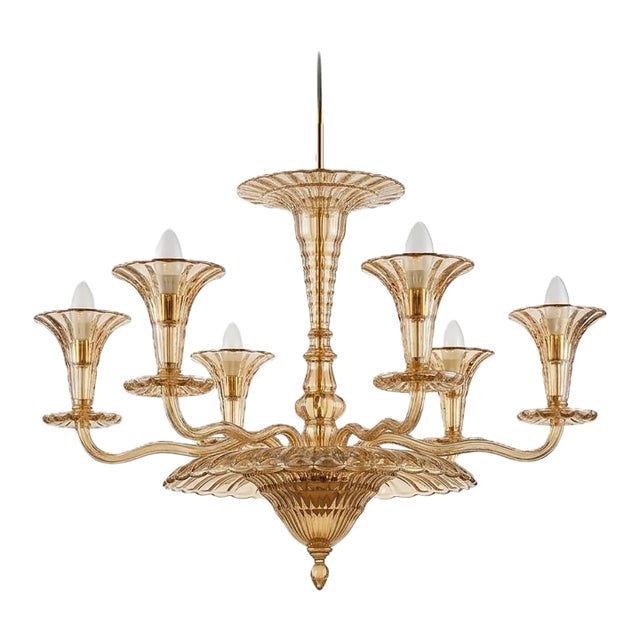 Mid Century Italian Murano Gold Glass 6 Arm Chandelier For Sale