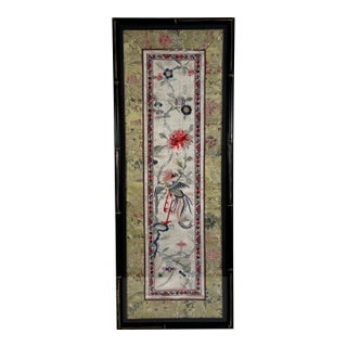 Asian Chinoiserie Framed Faux Bamboo Embroidery Silk Textile Art For Sale