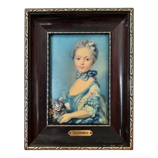 Famous "Girl With a Cat" (1745) French Rococo Antique Painting - Enamel Porcelain Handmade Certified Collectible Wall Art (1930) For Sale