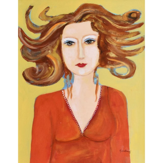 Wood French Mademoiselle W/ Long Flowing Red Hair Portriat Painting Including the Antiqued Gold Wood Frame For Sale - Image 7 of 8