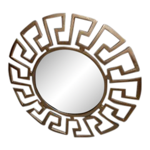 1980s Gold Round Metal Frame Greek Key Hanging Accent Mirror Home Decor