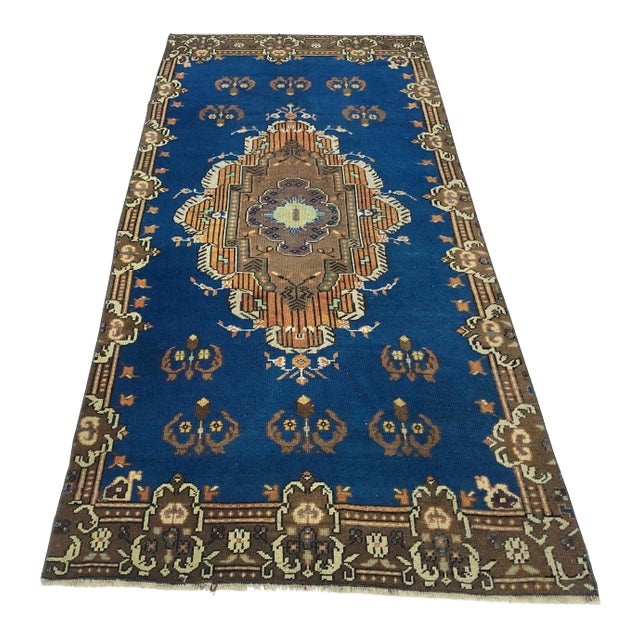 1960s Vintage Blue Turkish Oushak Area Rug - 4′ × 9′3″ For Sale