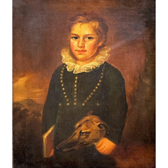Original 19th C. Oil On Canvas Painting - Portrait Of A Boy. Continental School; Early 19th C. The boy is holding his dog...