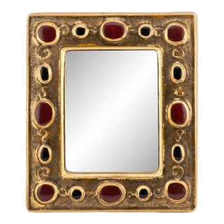 Francois Lembo Ceramic Mirror With Gold Crackle and Burgundy Cabochons For Sale