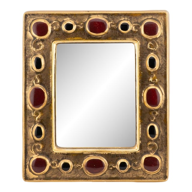 Francois Lembo Ceramic Mirror With Gold Crackle and Burgundy Cabochons For Sale