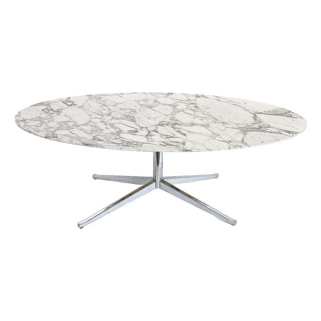 Florence Knoll Oval Carrara Marble Dining Table, Signed Stainless Steel Base For Sale