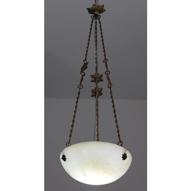 Art Deco 1950s French Art Deco White Alabaster Pendant Light With Dark Veining For Sale - Image 3 of 16