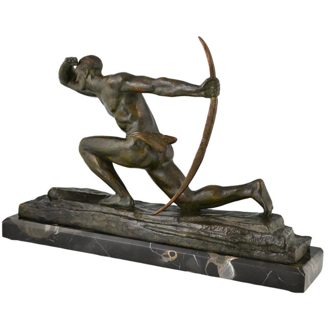 Pierre Le Faguays, Art Deco Sculpture of Athlete with Bow, 1930, Bronze on Marble Base For Sale - Image 9 of 13