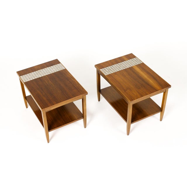 1960s Mid Century Vintage Attributed to Lane Monte Carlo Walnut Rectangular End Tables — Tile Top Inlay — Pair For Sale - Image 5 of 7