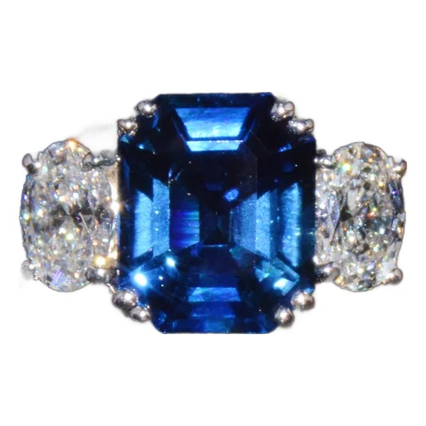 Gia Certified Natural 5.11cts VVS F Diamond Royal Blue Sapphire 950 Platinum 3 Stone Ring, Size 6.75 For Sale