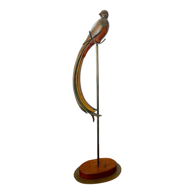 1980s Monumental Hand-Carved Wood Parrot Sculpture on Brass Stand — 58” Tall For Sale