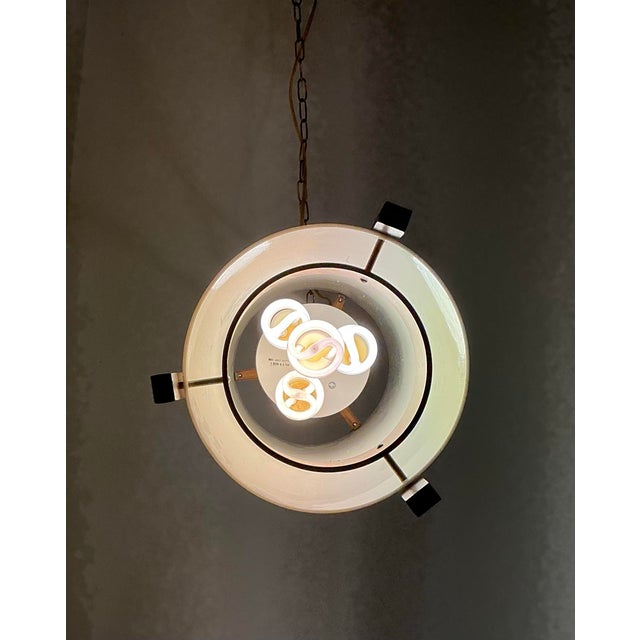 1970s Vintage Hanging Light Pendant Light Fixture, 24” Cylinder White Acrylic Walnut Brass Accents, McFadden Lighting For Sale - Image 5 of 11