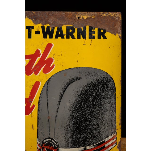 Mustard Vintage Double-Sided Painted Metal Stewart-Warner Dealership Advertising Sign For Sale - Image 8 of 12