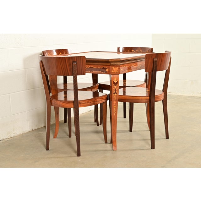 Italian Louis XVI Kingwood Inlaid Marquetry Flip Top Game Table With Four Chairs For Sale - Image 4 of 15