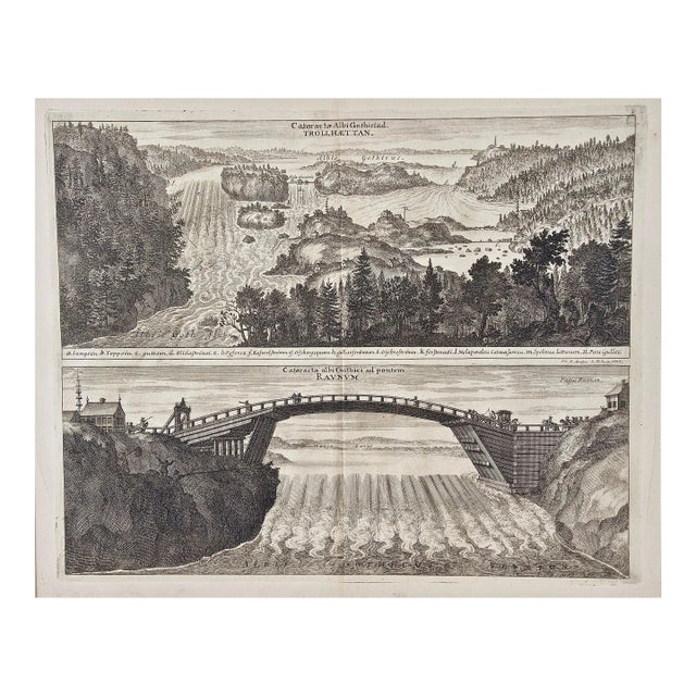 An Antique Engraved View of Waterfalls in Sweden in the 17th C. By Erik Dahlberg , 1705 For Sale