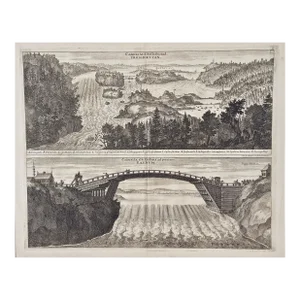 An Antique Engraved View of Waterfalls in Sweden in the 17th C. By Erik Dahlberg , 1705