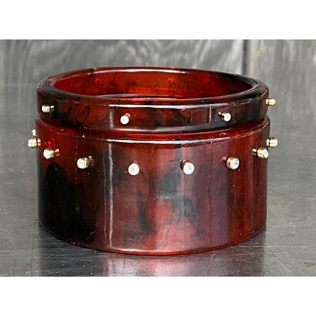 Vintage Tortoise Lucite Bangle With Rhinestones- A Set For Sale - Image 4 of 12