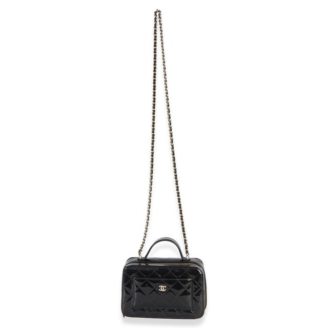 Black Black Quilted Patent Top Handle Vanity With Chain For Sale - Image 8 of 9
