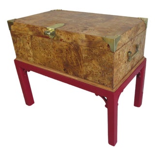 Vintage English Style Hinged Top Burlwood Box on Stand For Sale