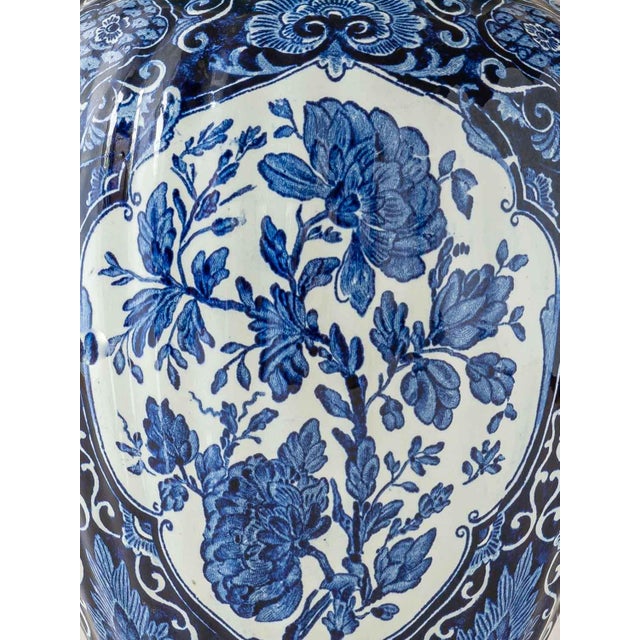 Metal Boch Frères Large Delft Blue Table Lamps, New Red Velvet Shades, Set of 2 For Sale - Image 7 of 13