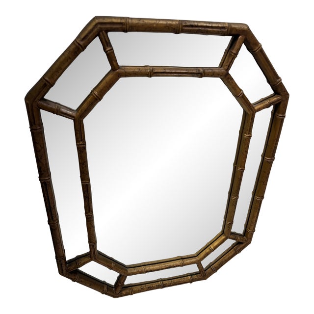Chinoiserie Faux Bamboo Gold Giltwood Hexagonal Mirror For Sale
