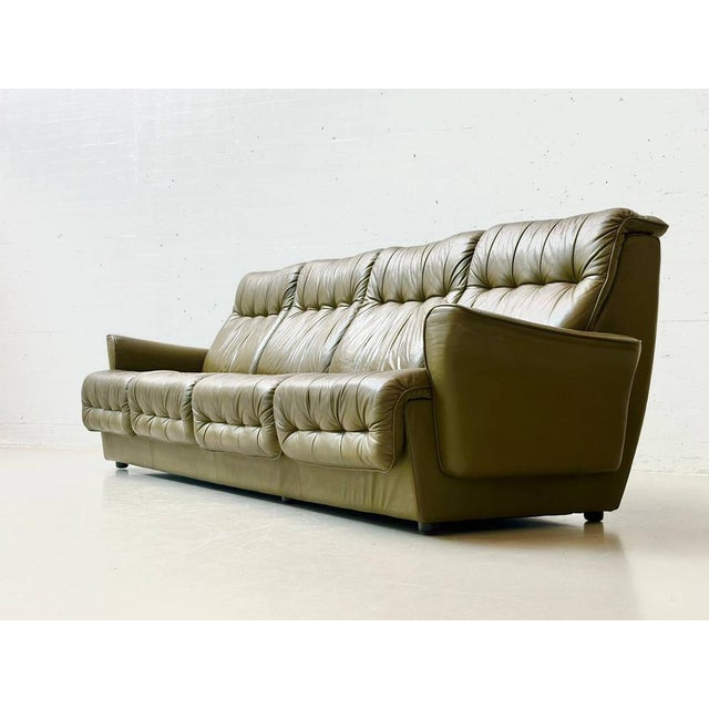 Olive Green Leather Sofa, 1970s For Sale - Image 10 of 16