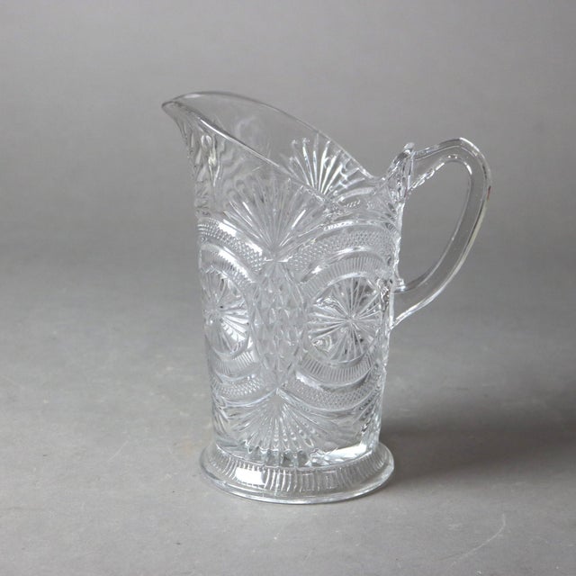Five Antique Etched and Pressed Glass Water Pitchers 19thC Measures - 9.25"H x 8.5"W x 5.25"D (Largest)