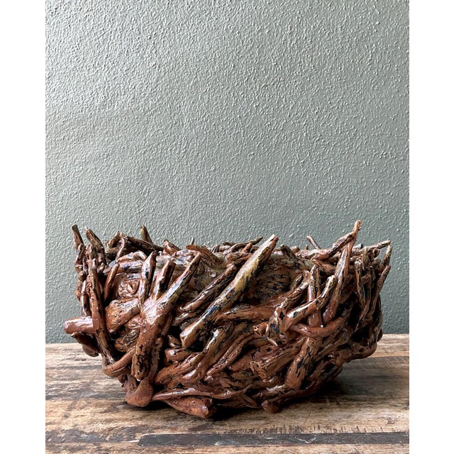 Vintage Rustic Brown Ceramic Twig Bowl For Sale - Image 4 of 13