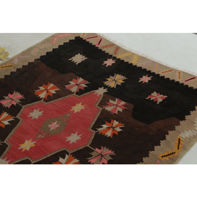 1950s Vintage Kurdish Kilim Rug With Pink Medallions on Beige-Brown For Sale - Image 5 of 7