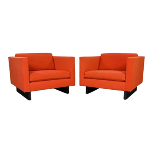 1970’s MCM to Modern Harvey Probber Club Chairs Orange 1571 Tuxedo With Black Painted Sleigh Bases a Pair