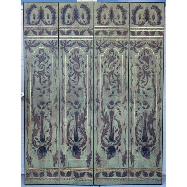 1920s Italian Art Deco Chinoiserie Four-Panel Hand-Painted Screen with Gold Gilt – Sage Green A striking and sophisticated...