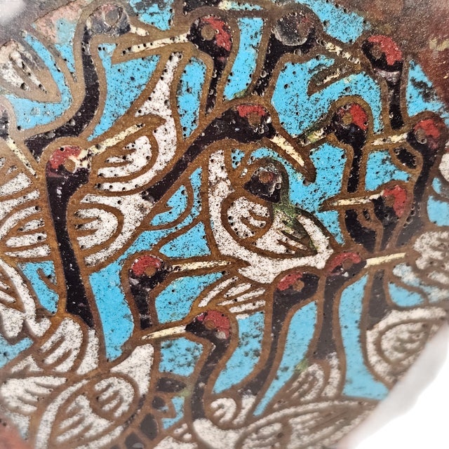 Early 20th Century Late Meiji Japanese Patinated Champlevé Jardinière With Crane & Turtle Motifs 9.75" For Sale - Image 5 of 13