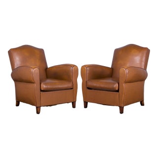 1950s French Art Deco Club Chairs W/ Brown Vinyl - a Pair For Sale