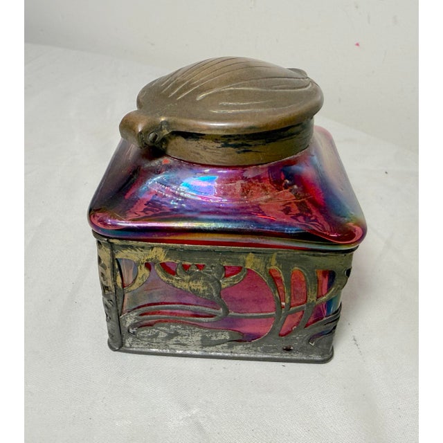 Antique Carl Stolzle Austrian Art Nouveau Red Glass Bronze Writing Inkwell Jar For Sale - Image 13 of 18