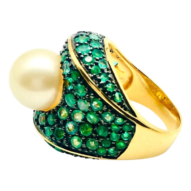 Bochic "Orient" Natural Emerald & South Sea Pearl Ring Set In 18K Gold & Silver For Sale