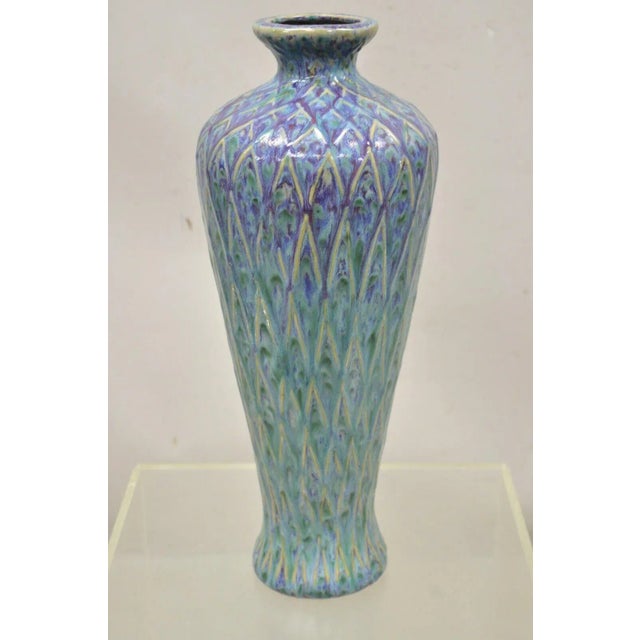 Mid-Century Modern Ceramic Pottery Glazed Feather Pulled Purple Blue Vase For Sale - Image 10 of 11