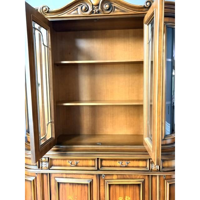 Vintage Italian Provincial Baroque Style Floral Marquetry Curved Glass China Cabinet For Sale - Image 4 of 12