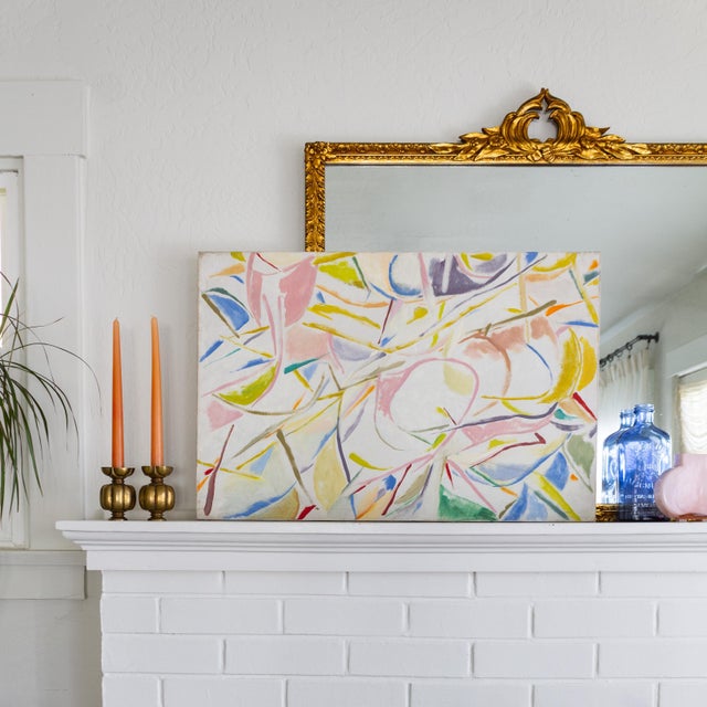 This colorful, abstract original painting on canvas is composed of cheerful and vibrant streaks of pink, blue, chartreuse,...