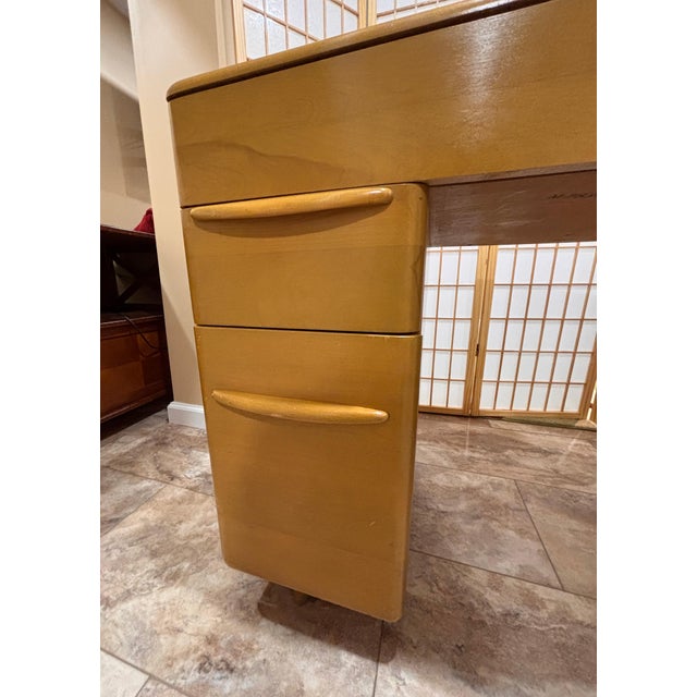 Wood Heywood-Wakefield Mid-Century Modern Bookcase Desk With Three Captain's Armchairs, 1960s For Sale - Image 7 of 18