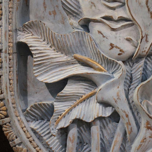 Bas-Relief Sculpture of Stylized Face with Flowers, 20th Century, Wood For Sale - Image 9 of 12