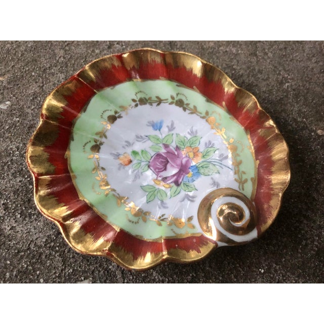 Hand Painted Gilt Floral Scalloped Shell Porcelain Trinket Dish For Sale - Image 4 of 10