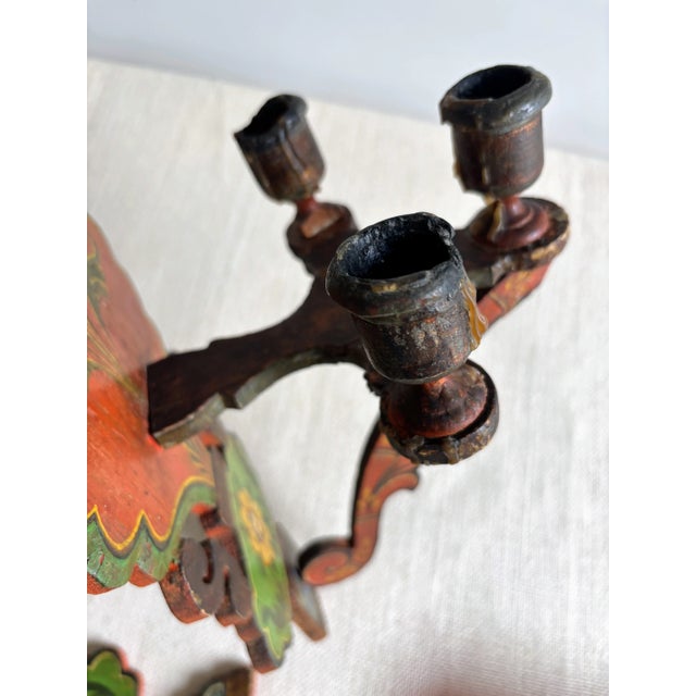 Antique European Hand Painted Wood Folk Art Candle Sconces- a Pair For Sale - Image 10 of 17