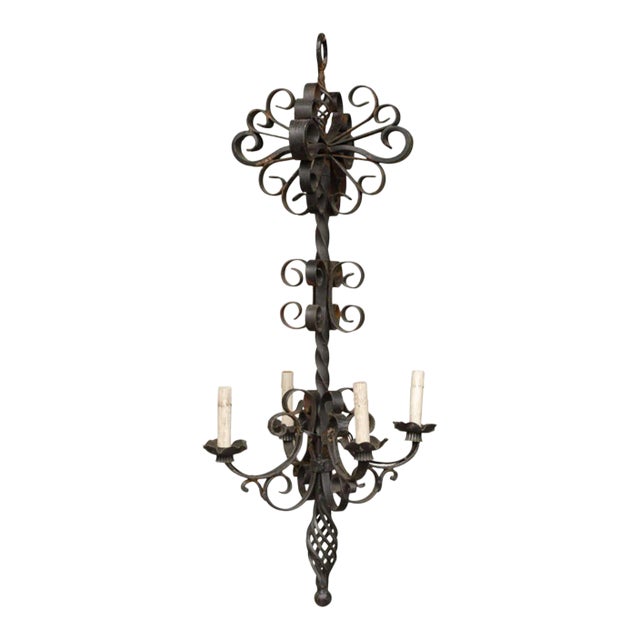 Vintage 1950s French Four-Light Forged Iron Chandelier For Sale