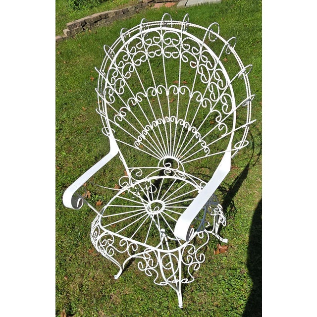 Hollywood Regency Vintage White Salterini Style Wrought Iron Peacock Chair For Sale - Image 3 of 5