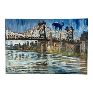 Roman Rakhmatulin Signed Original Oil Painting on Canvas Titled 'Blue Dog and Queens Bridge' New York City For Sale