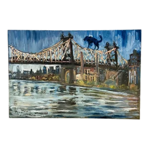 Roman Rakhmatulin Signed Original Oil Painting on Canvas Titled 'Blue Dog and Queens Bridge' New York City