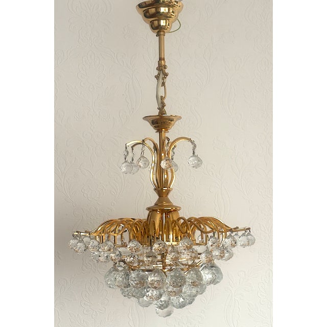 Brass and Crystal Ball 4-Light Chandelier, 1980s For Sale - Image 9 of 15