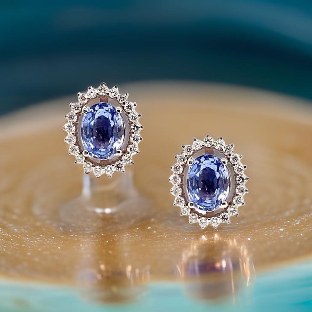 Metal Diamond Sapphire Earrings 14k Gold 3.24 TCW Certified For Sale - Image 7 of 18